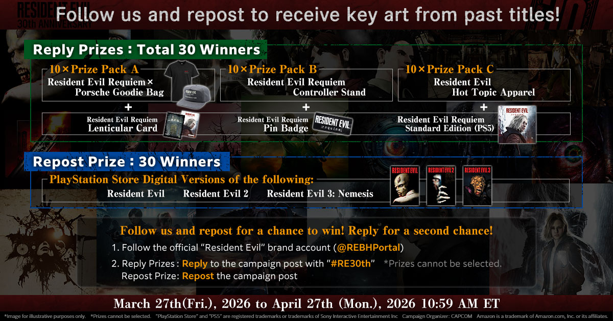Win Amazing Prizes! A Special 30th Anniversary Campaign Is Now Live on the Official Resident Evil Portal X Account!